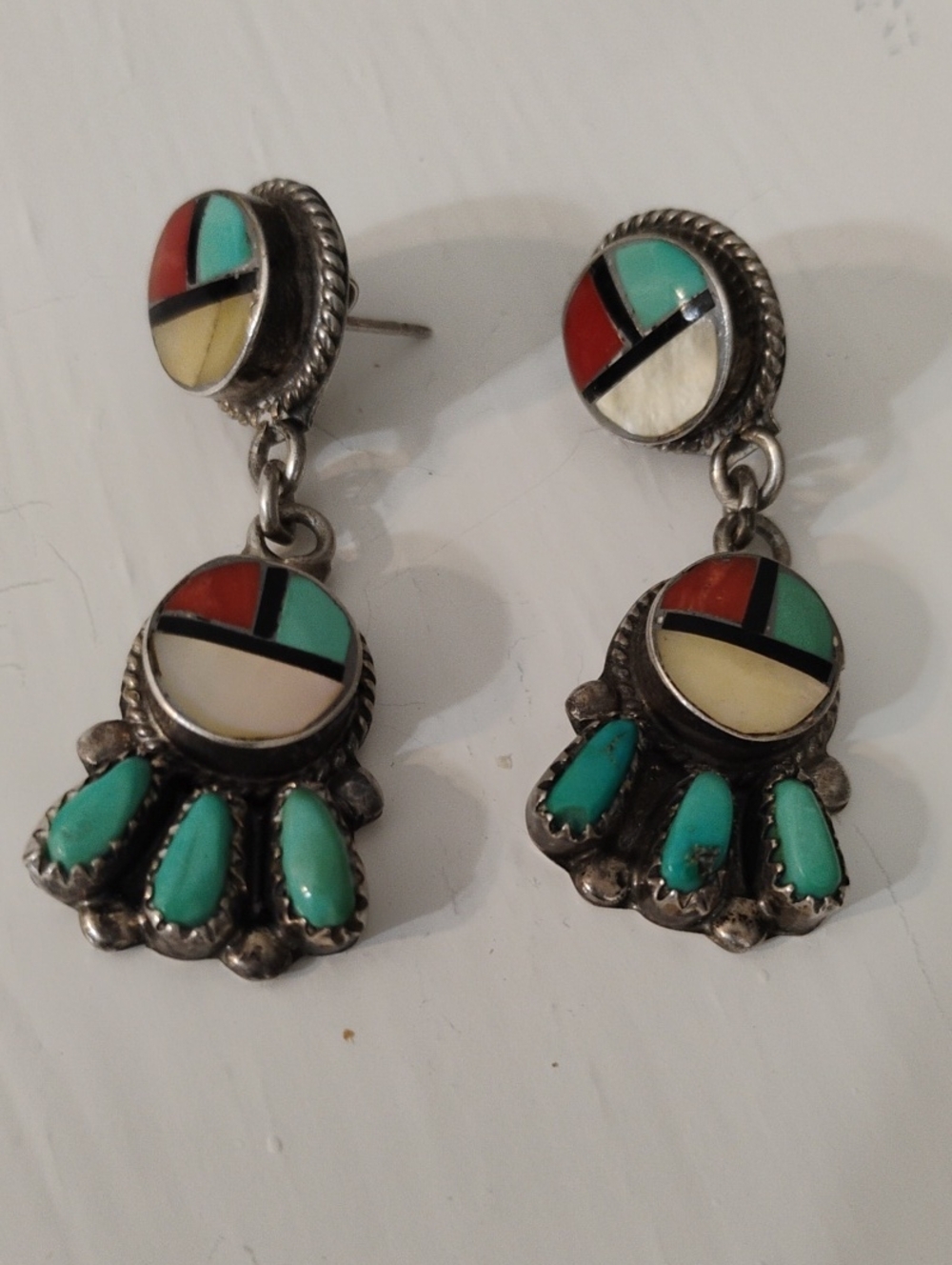 Turquoise Inlay Multi-Color Drop Earrings - Sterling Silver